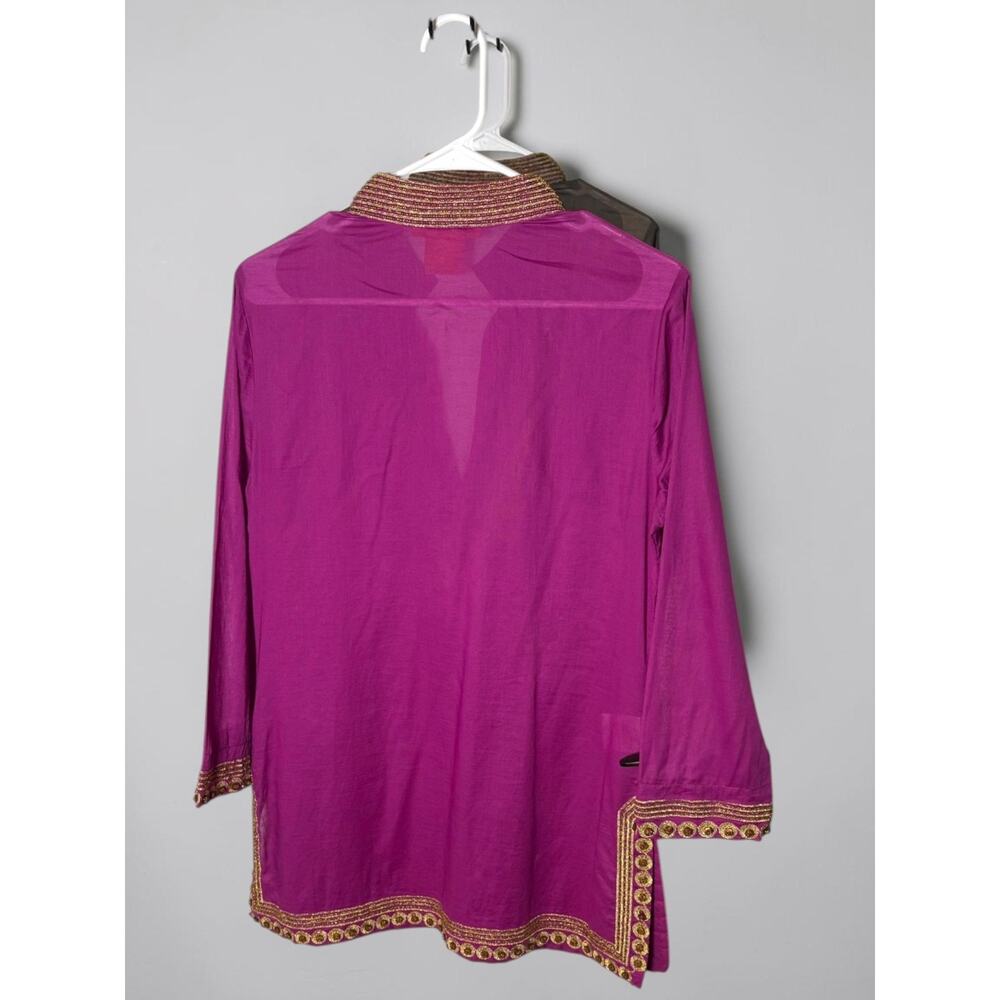 Tory Burch Tunic Boho Sheer 100% Cotton Embroidered Gold Trim Pink Sz 10 - Picture 4 of 8